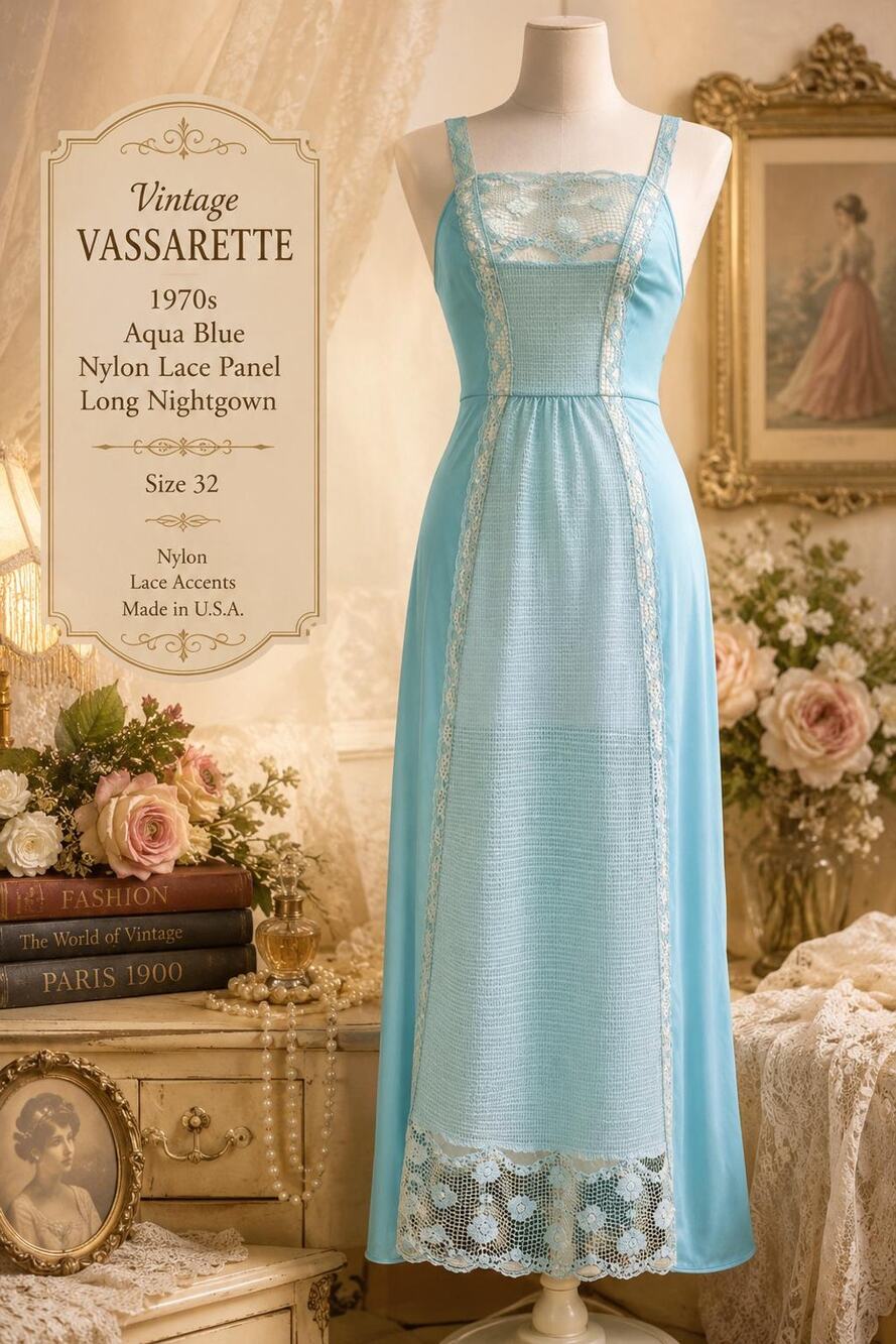 Vintage Vassarette 70s Aqua Blue Nylon Lace Panel Long Nightgown Size 32